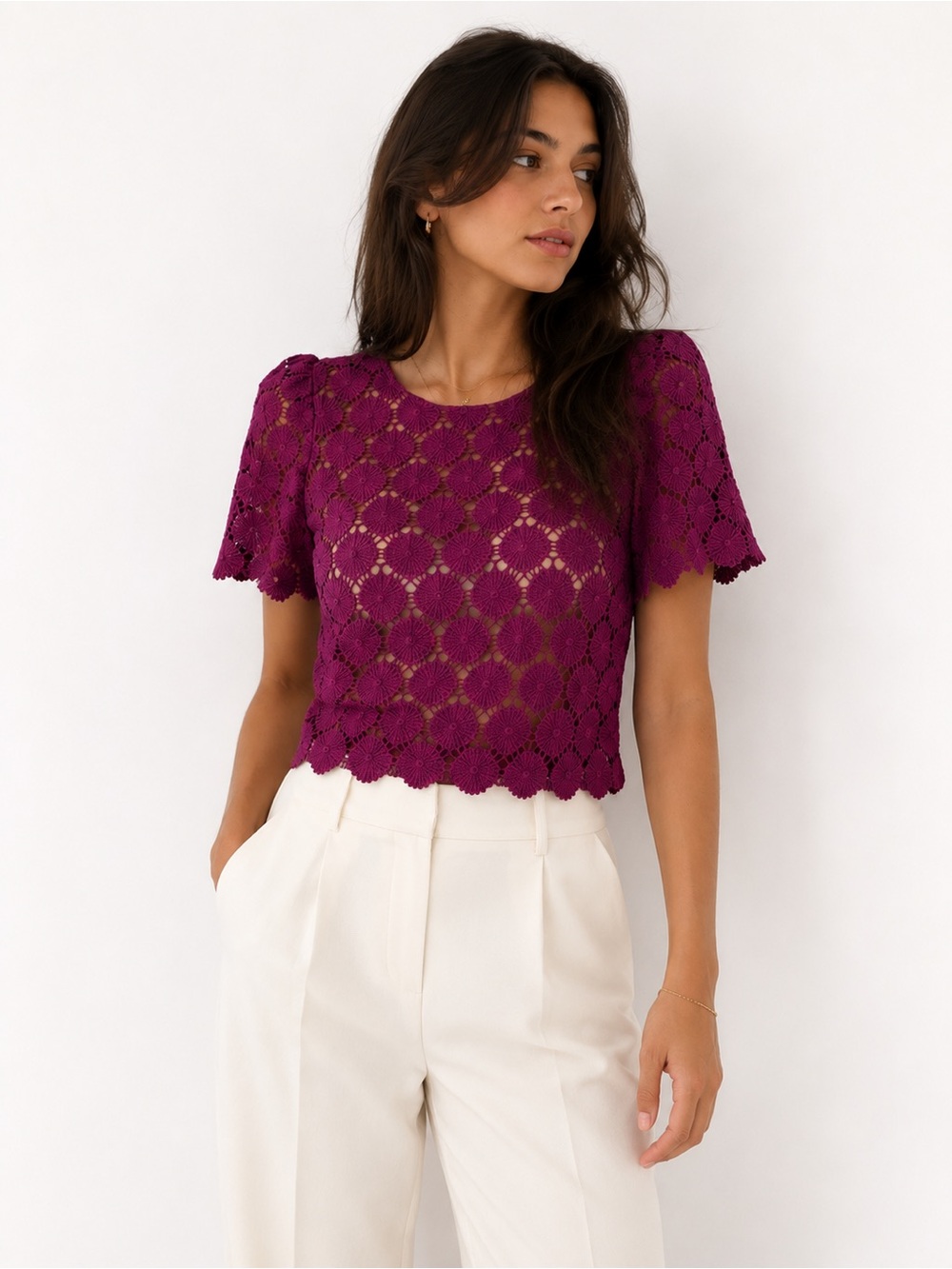 june & hudson Crochet Lace Crop Top in Plum